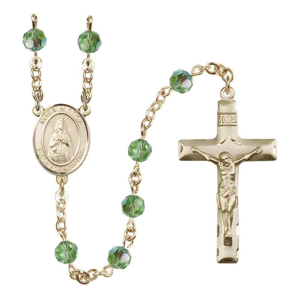 Spanish Rosa Mystica Rosary with 14kt Gold Traditional Crucifix and Centerpiece, Birthstone 6mm Austrian Crystal Peridot Beads for August