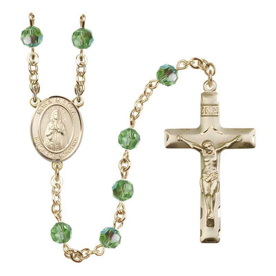 Spanish Rosa Mystica Rosary with 14kt Gold Traditional Crucifix and Centerpiece, Birthstone 6mm Austrian Crystal Peridot Beads for August