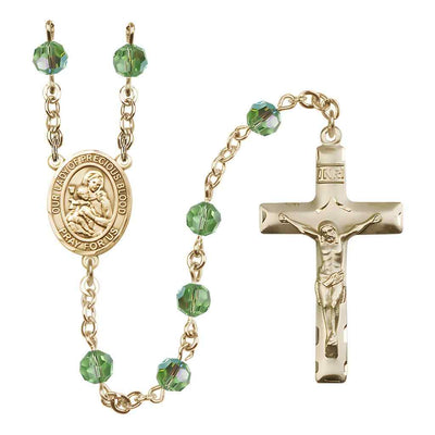 Our Lady of the Precious Blood Engravable Rosary with 14kt Gold Traditional Crucifix and Centerpiece, Birthstone 6mm Austrian Crystal Peridot Beads for August