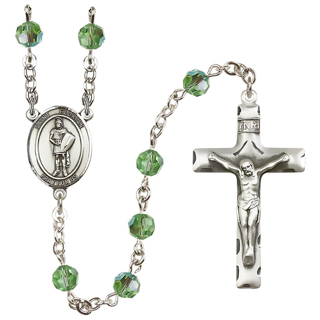 Bliss St. Florian Sterling Silver Rosary with Birthstone 6mm Round Austrian Crystal beads in Peridot