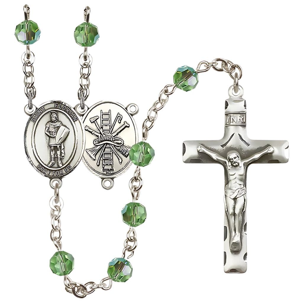 Bliss St Florian Firefighter Sterling Silver 6mm Austrian Peridot Crystal Birthstone Rosary with Ladder and Hat on Back,