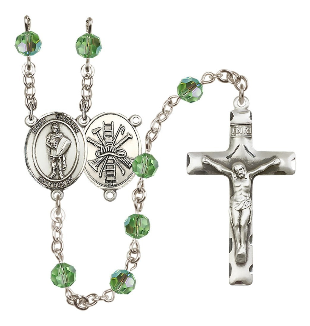 Bliss St Florian Firefighter Sterling Silver 6mm Austrian Peridot Crystal Birthstone Rosary with Ladder and Hat on Back,