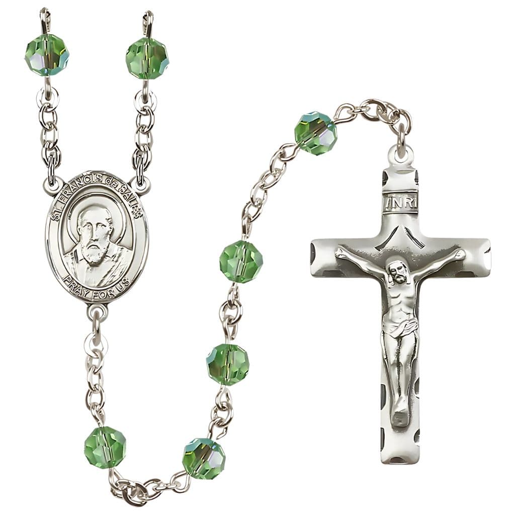 St. Francis de Sales Rosary with 6mm Peridot Austrian Crystal Beads and Sterling Silver,
