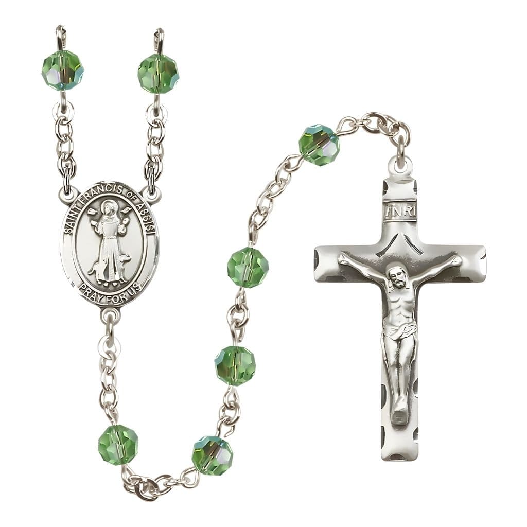 Bliss St. Francis of Assisi Sterling Silver 6mm Peridot Austrian Crystal Bead Rosary, USA Made