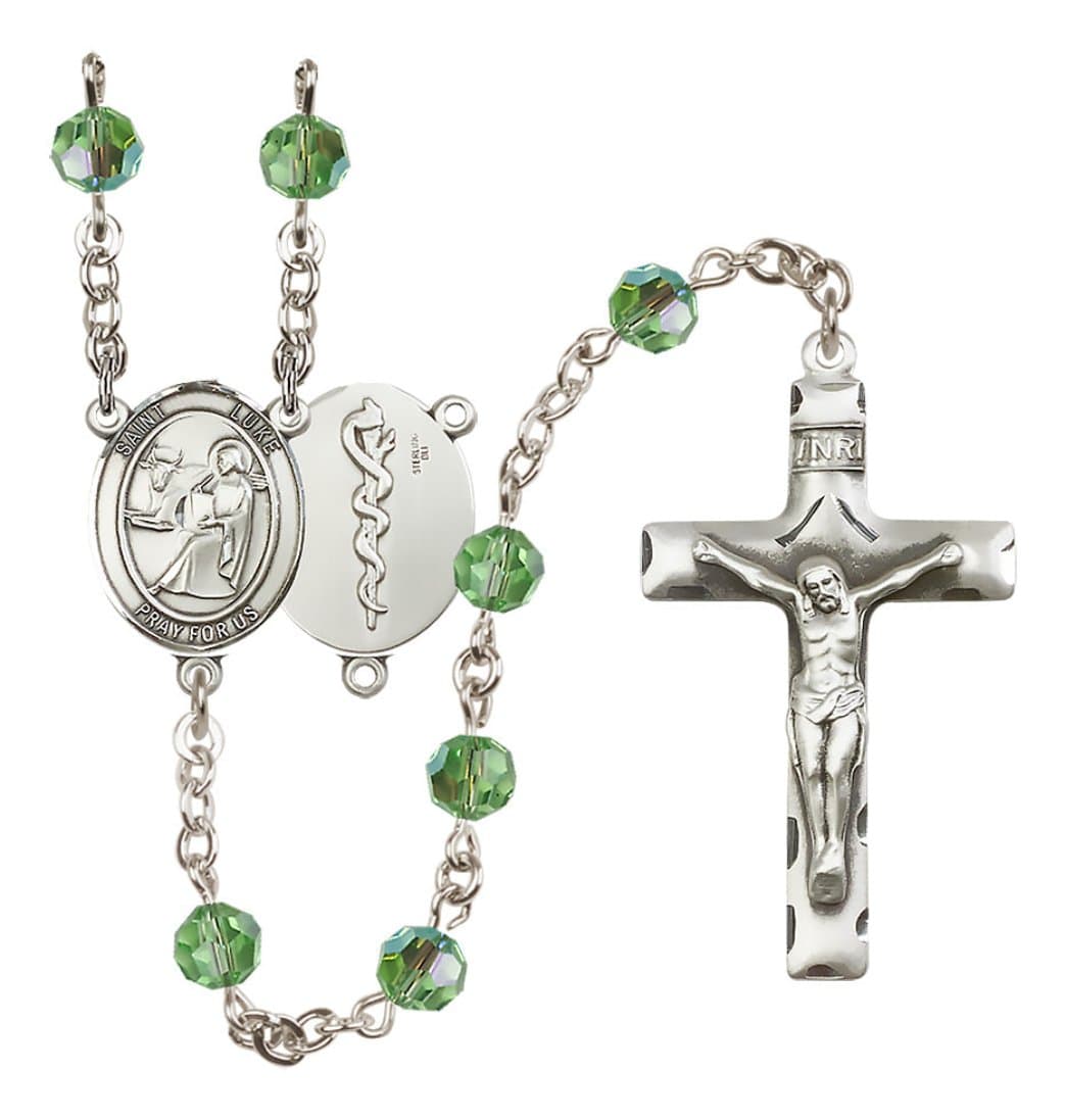 Bliss Sterling Silver 6mm Austrian Crystal Saint Luke the Apostle / Doctor Rosary in Peridot,