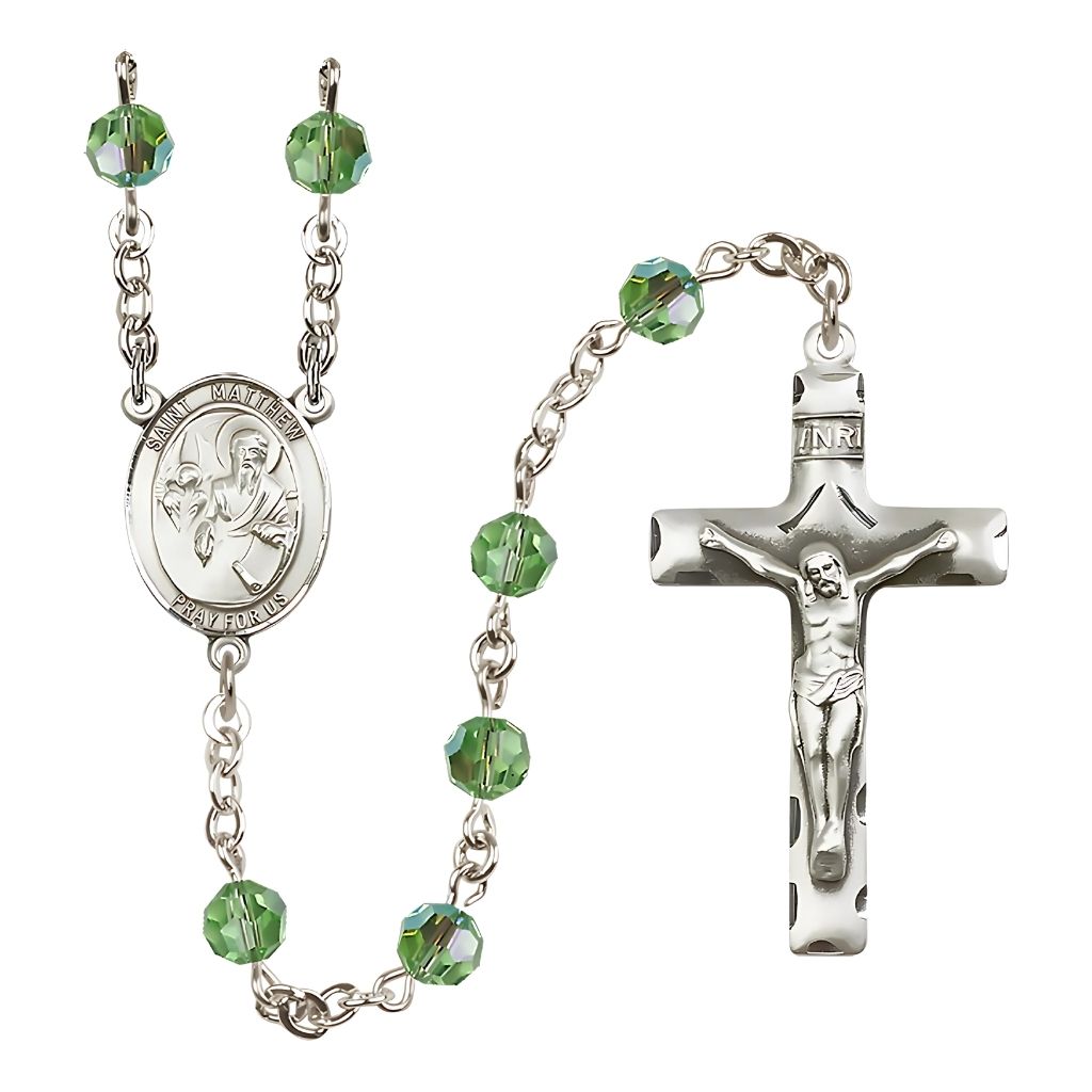 Bliss St. Matthew the Apostle Birthstone Sterling Silver Rosary in 6mm Austrian Crystal Peridot