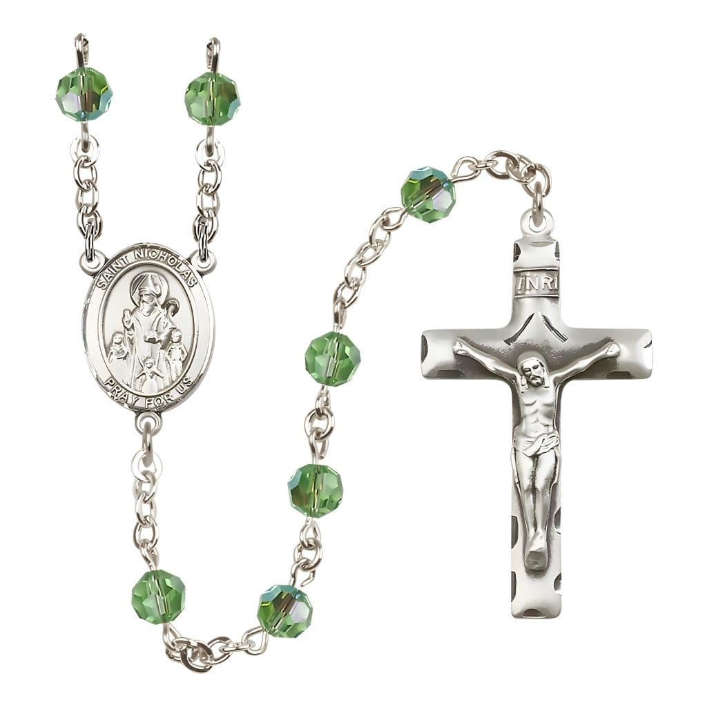Bliss St. Nicholas Rosary, August Birthstone 6mm Peridot Austrian Crystal Beads with Sterling Silver Centerpiece and Crucifix