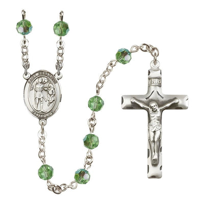 St. Sebastian Engravable Rosary with Sterling Silver Crucifix and Centerpiece, Birthstone 6mm Austrian Crystal Peridot Beads for August, Bliss Manufacturing