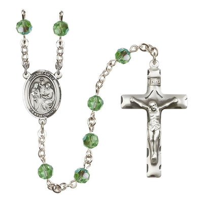 Holy Family Engravable Rosary with Sterling Silver Crucifix and Centerpiece, Birthstone 6mm Austrian Crystal Peridot Beads for August, Bliss Manufacturing