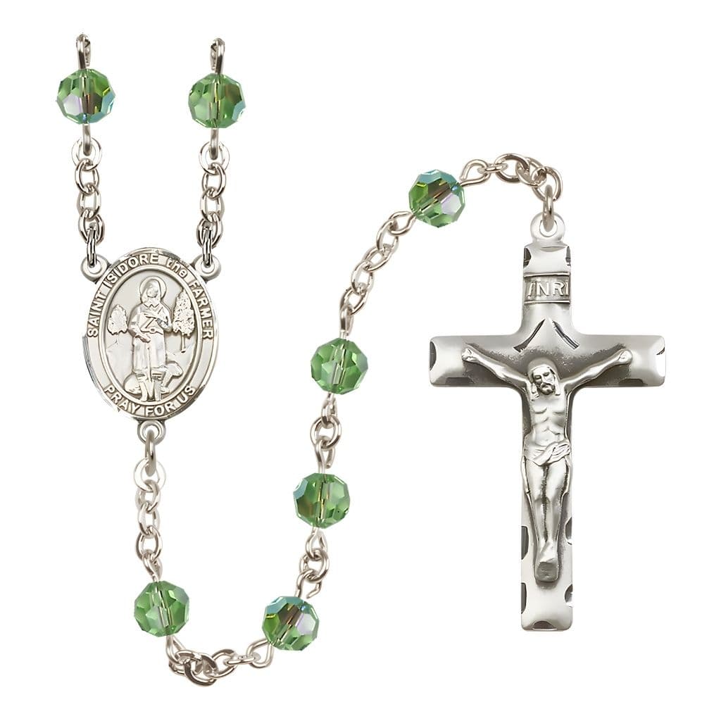 Bliss St. Isidore the Farmer Engravable Rosary with Sterling Silver Traditional Crucifix and Centerpiece, Birthstone 6mm Austrian Crystal Peridot Beads for August