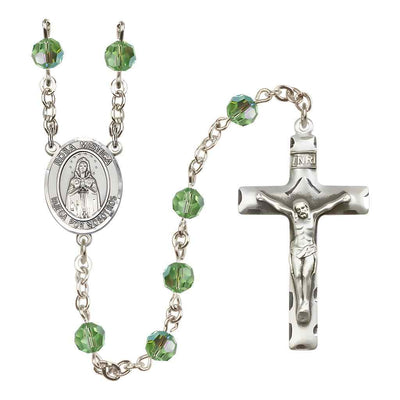 Spanish Rosa Mystica Rosary with Sterling Silver Traditional Crucifix and Centerpiece, Birthstone 6mm Austrian Crystal Peridot Beads for August