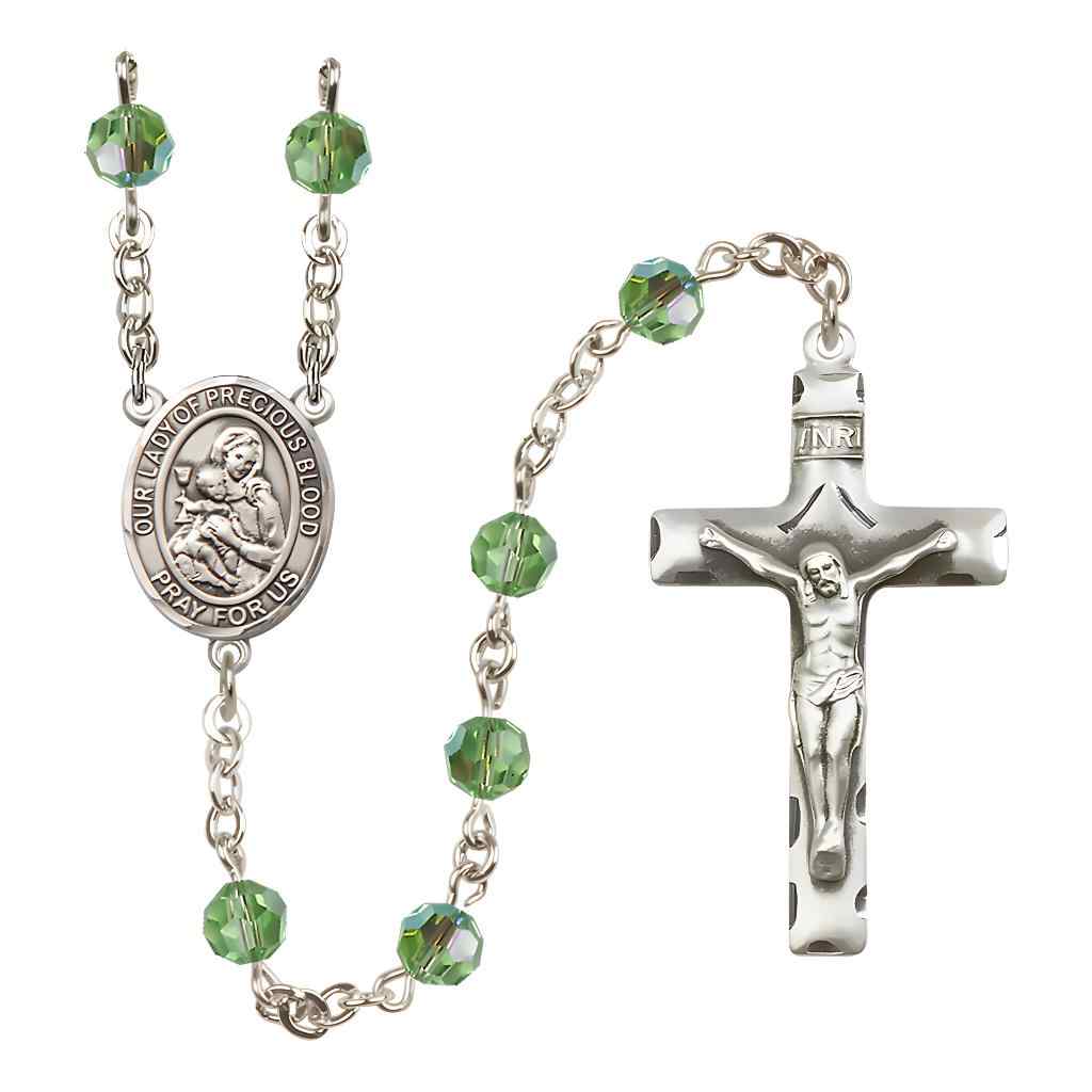 Our Lady of the Precious Blood Rosary with Sterling Silver Traditional Crucifix and Centerpiece, Birthstone 6mm Austrian Crystal Peridot Beads for August