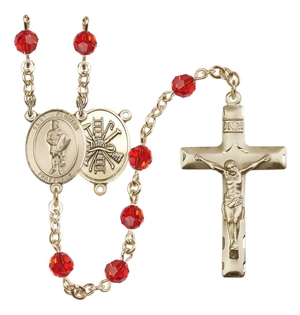 Bliss St Florian Firefighter Gold-filled 6mm Austrian Crystal Rosary in Ruby July Birthstone,