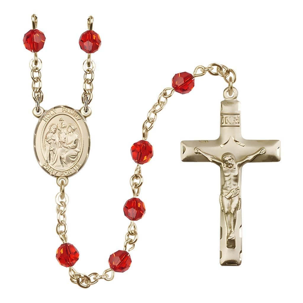 Bliss Holy Family Engravable Rosary with Gold-filled Crucifix and Centerpiece, Birthstone 6mm Austrian Crystal Ruby Beads for July