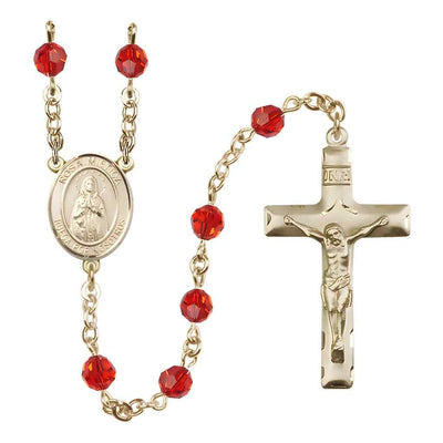 Spanish Rosa Mystica Rosary with Gold-filled Traditional Crucifix and Centerpiece, Birthstone 6mm Austrian Crystal Ruby Beads for July