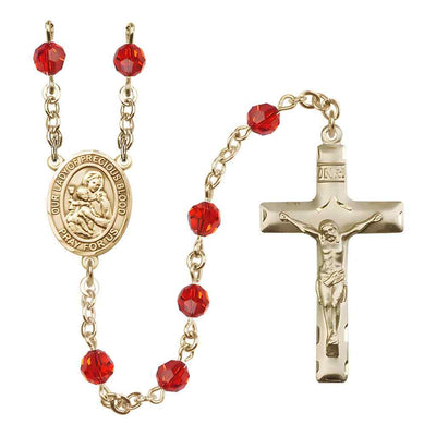 Our Lady of the Precious Blood Rosary with Gold-filled Traditional Crucifix and Centerpiece, Birthstone 6mm Austrian Crystal Ruby Beads for July