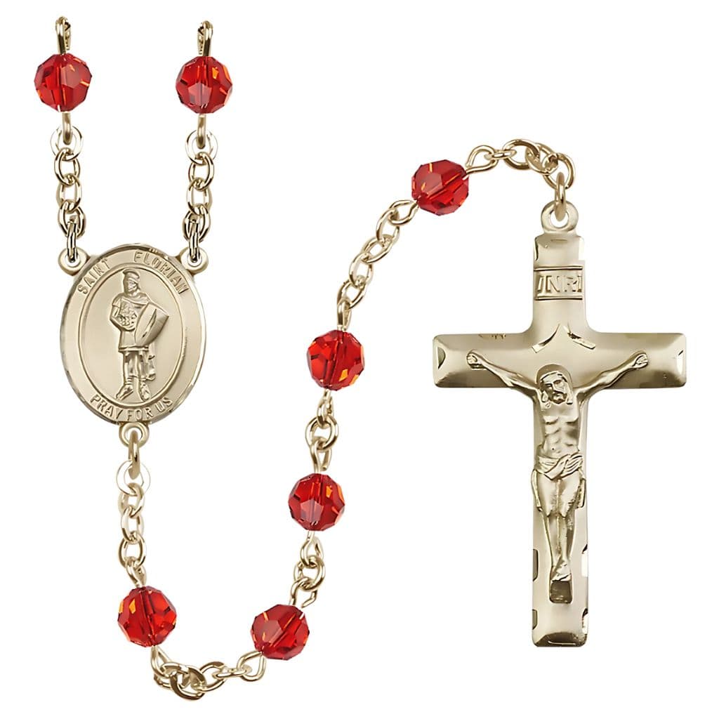 St. Florian Birthstone Rosary features 14kt gold construction with 6mm round Austrian crystal beads in ruby.