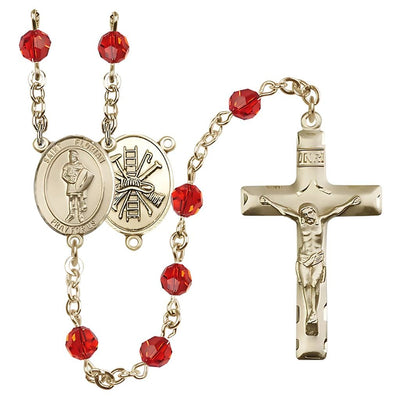 St. Florian centerpiece with firefighter gear on back Birthstone 14kt Gold Rosary with Ruby 6mm Austrian crystal beads with a traditional crucifix, Bliss Manufacturing