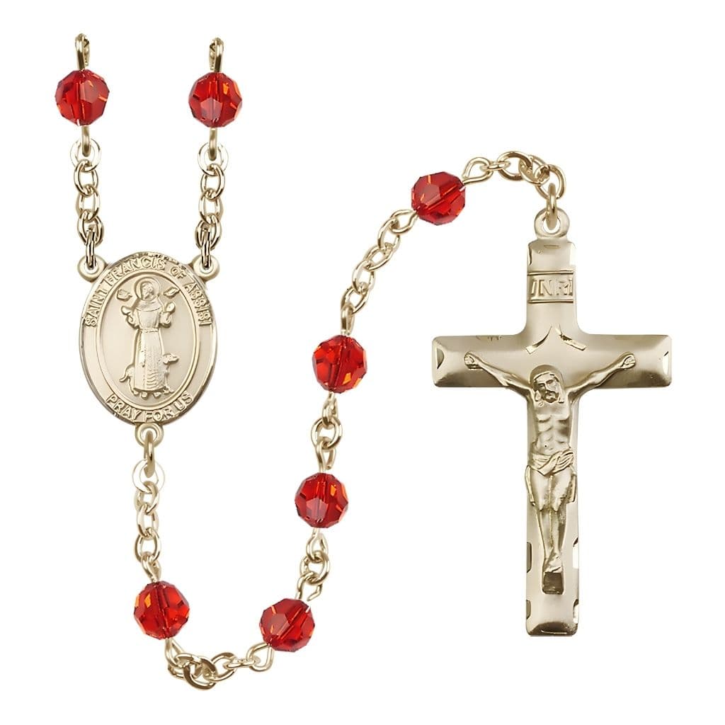 Bliss St. Francis of Assisi 14kt Gold  Ruby 6mm Austrian Crystal Bead Rosary, USA Made