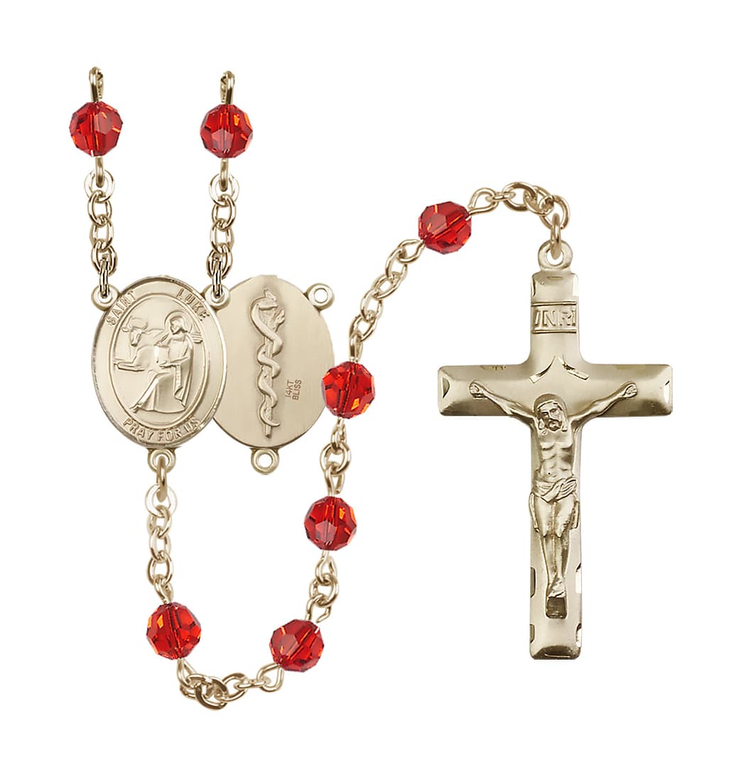 Bliss Doctor St Luke the Apostle 14kt Gold 6mm Austrian Crystal Rosary in July Ruby,