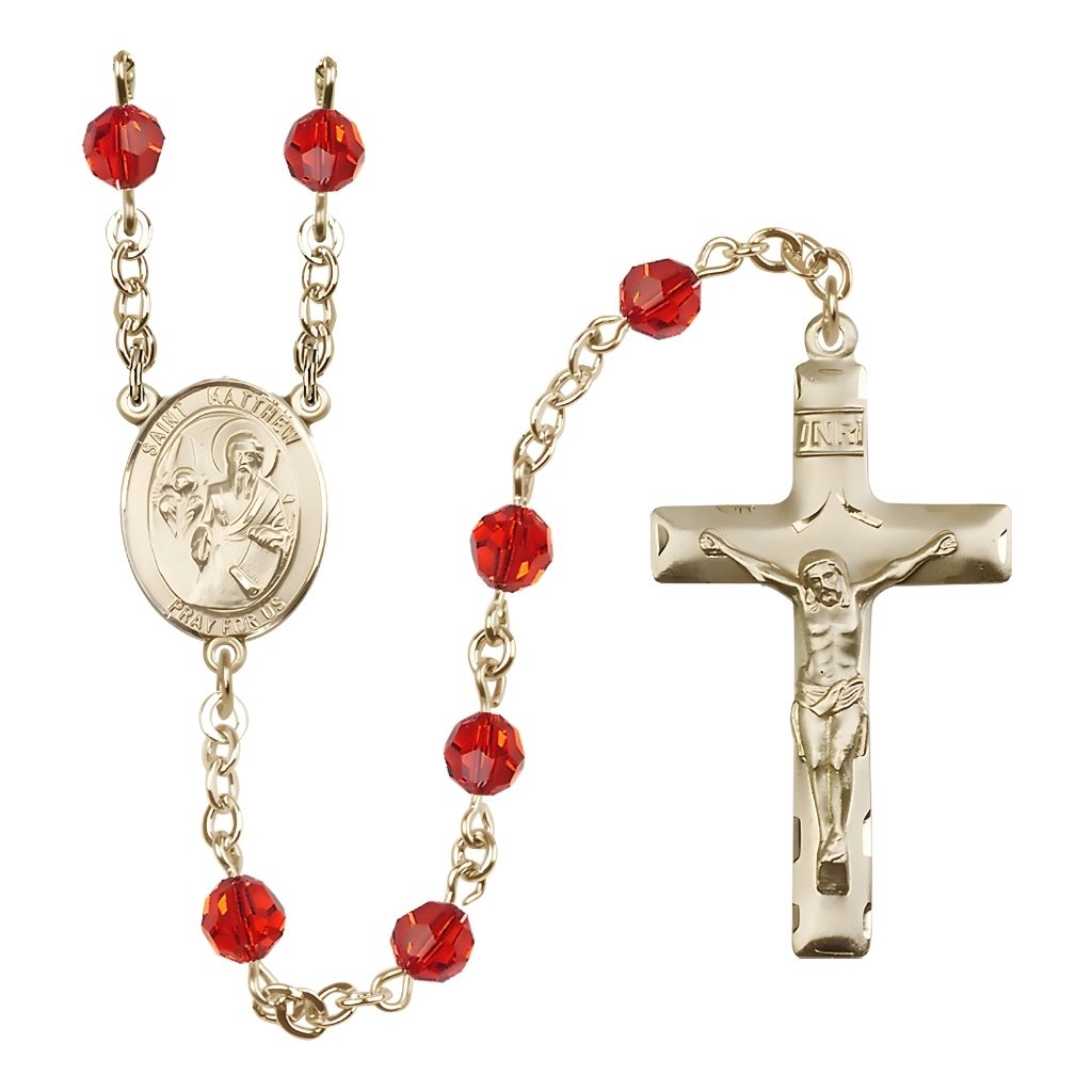 Bliss St. Matthew the Apostle 6mm Austrian Crystal Birthstone 14kt Gold Rosary in Ruby