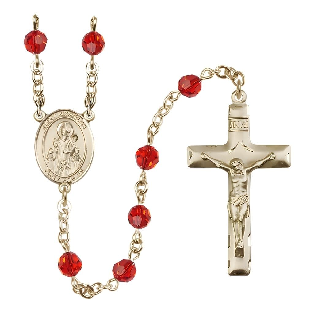 Bliss St. Nicholas Rosary, July Birthstone 6mm Ruby Austrian Crystal Beads with 14kt Gold Centerpiece and Crucifix