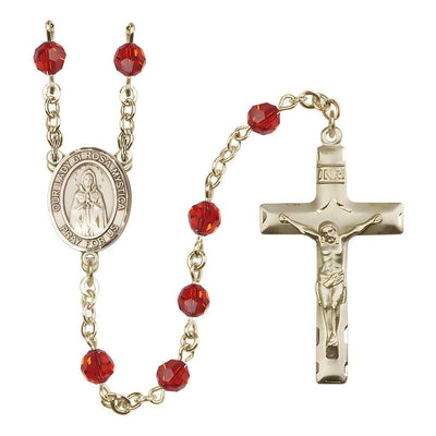 Our Lady of Rosa Mystica Rosary with 14kt Gold Traditional Crucifix and Centerpiece, Birthstone 6mm Austrian Crystal Ruby Beads for July