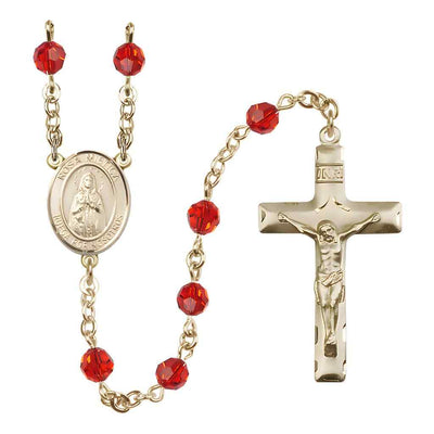Spanish Rosa Mystica Rosary with 14kt Gold Traditional Crucifix and Centerpiece, Birthstone 6mm Austrian Crystal Ruby Beads for July