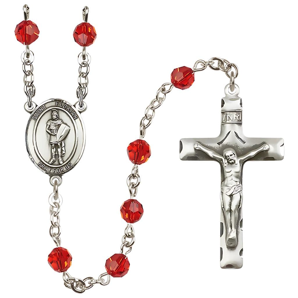Bliss St. Florian Sterling Silver Rosary with Birthstone 6mm Round Austrian Crystal beads in Ruby