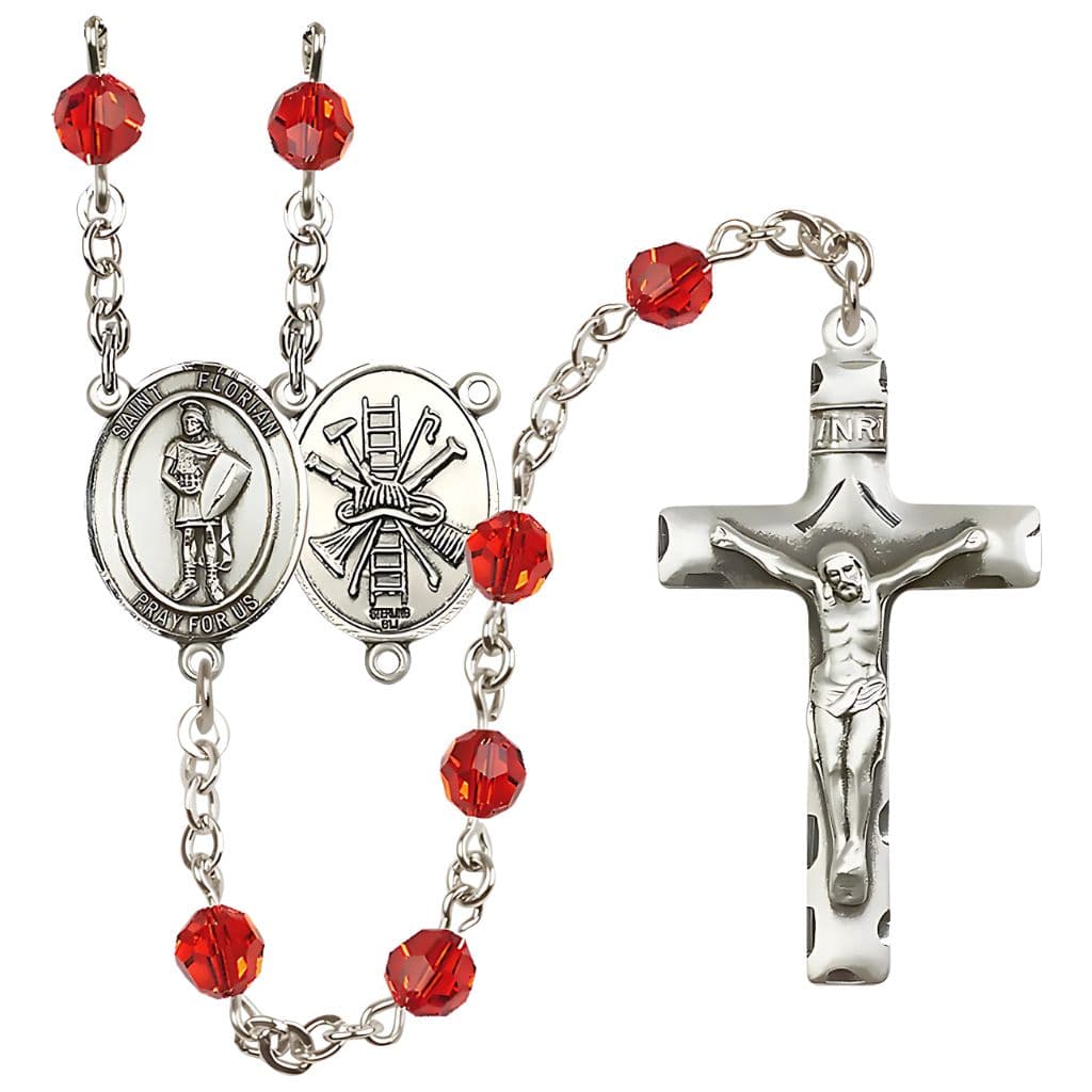 Bliss St Florian Firefighter Sterling Silver 6mm Austrian Ruby Crystal Birthstone Rosary with Ladder and Hat on Back,