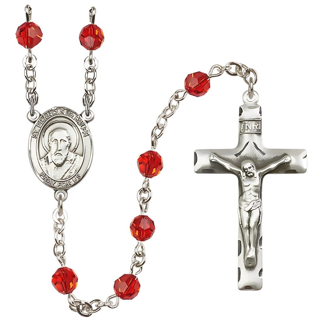St. Francis de Sales Rosary with 6mm Ruby Austrian Crystal Beads and Sterling Silver,