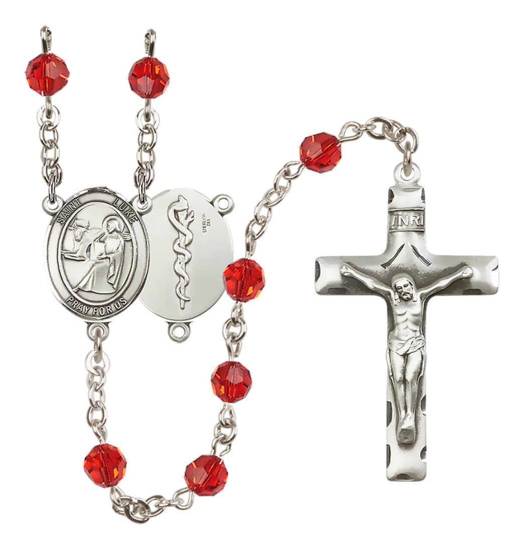 Bliss Sterling Silver 6mm Austrian Crystal Saint Luke the Apostle / Doctor Rosary in Ruby,