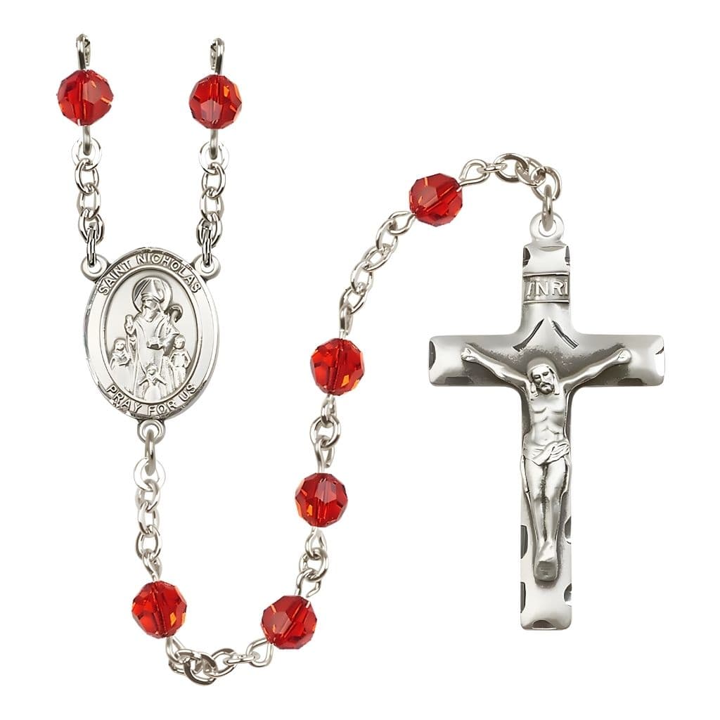 Bliss St. Nicholas Rosary, July Birthstone 6mm Ruby Austrian Crystal Beads with Sterling Silver Centerpiece and Crucifix