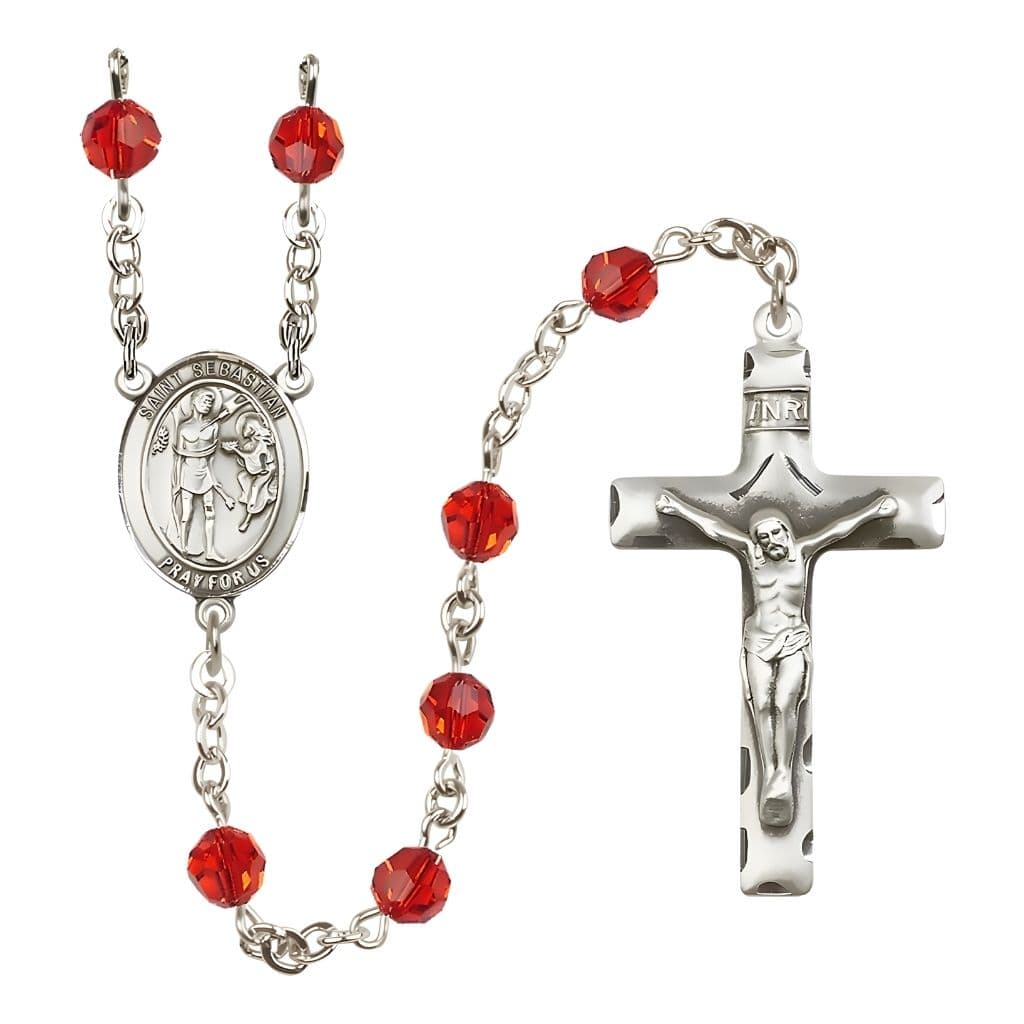 Bliss St. Sebastian Engravable Rosary with Sterling Silver Crucifix and Centerpiece, Birthstone 6mm Austrian Crystal Ruby Beads for July
