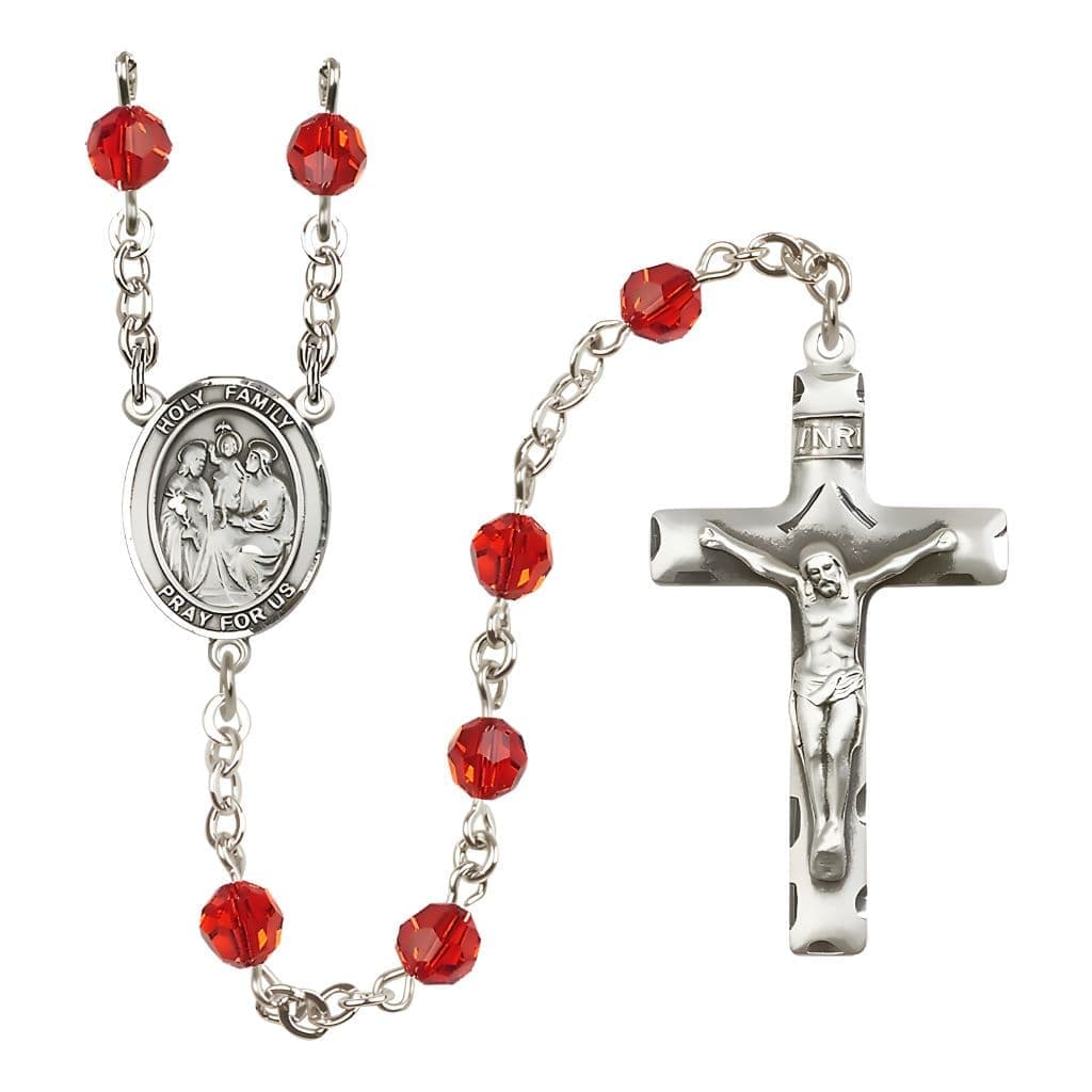Bliss Holy Family Engravable Rosary with Sterling Silver Crucifix and Centerpiece, Birthstone 6mm Austrian Crystal Ruby Beads for July