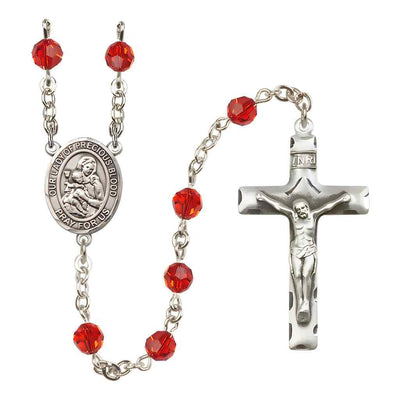 Our Lady of the Precious Blood Rosary with Sterling Silver Traditional Crucifix and Centerpiece, Birthstone 6mm Austrian Crystal Ruby Beads for July