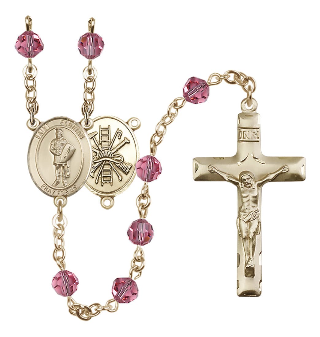 Bliss St Florian Firefighter Gold-filled 6mm Austrian Crystal Rosary in Rose October Birthstone,