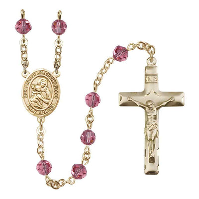Our Lady of the Precious Blood Rosary with Gold-filled Traditional Crucifix and Centerpiece, Birthstone 6mm Austrian Crystal Pink Rose Beads for October