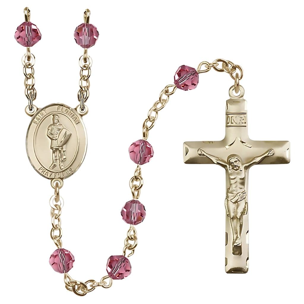 St. Florian Birthstone Rosary features 14kt gold construction with 6mm round Austrian crystal beads in rose.