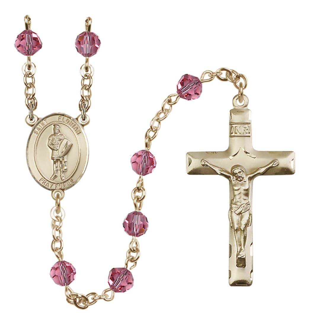 Bliss St Florian Firefighter 14kt Gold 6mm Austrian Crystal Rose October Birthstone Rosary,