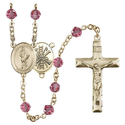 St. Florian centerpiece with firefighter gear on back Birthstone 14kt Gold Rosary with Rose 6mm Austrian crystal beads with a traditional crucifix, Bliss Manufacturing