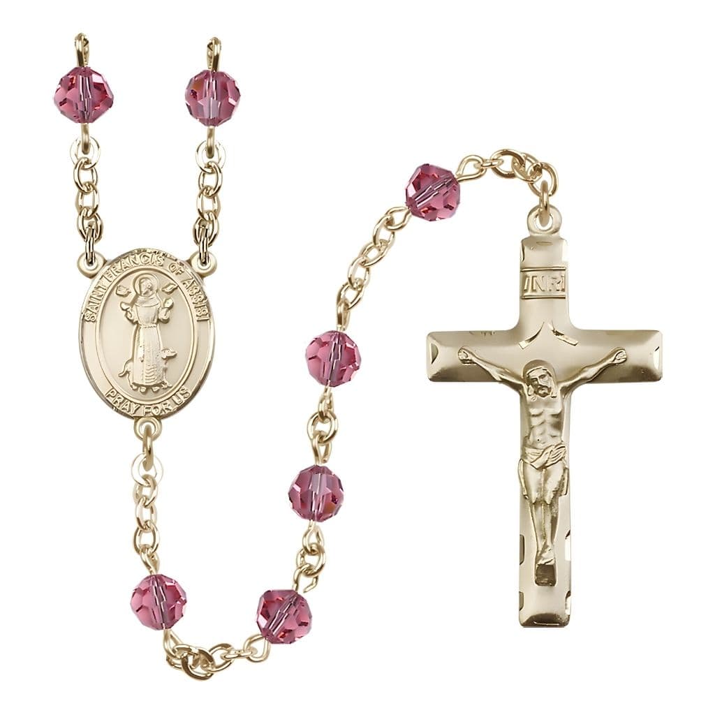Bliss St. Francis of Assisi 14kt Gold Rose 6mm Austrian Crystal Bead Rosary, USA Made