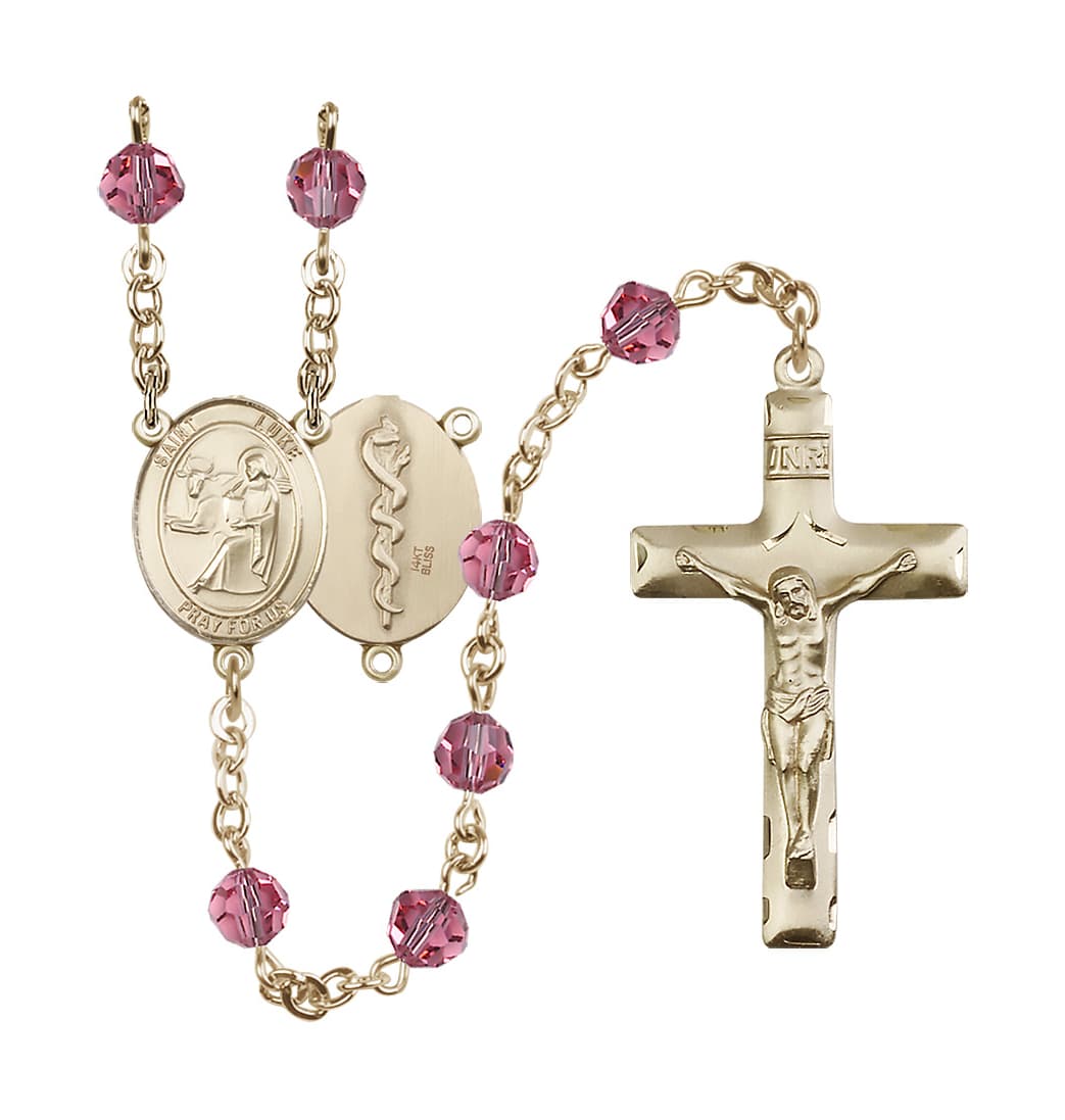 Bliss Doctor St Luke the Apostle 14kt Gold 6mm Austrian Crystal Rosary in Oct/Rose,