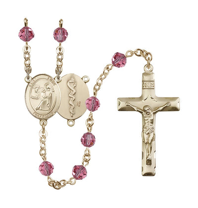 Doctor St Luke the Apostle 14kt Gold 6mm Austrian Crystal Rosary in Oct/Rose, Bliss Manufacturing