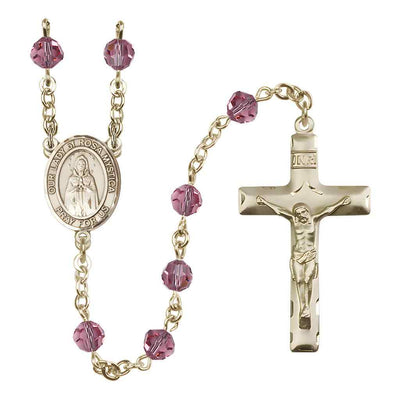 Our Lady of Rosa Mystica Rosary with 14kt Gold Traditional Crucifix and Centerpiece, Birthstone 6mm Austrian Crystal Pink Rose Beads for October