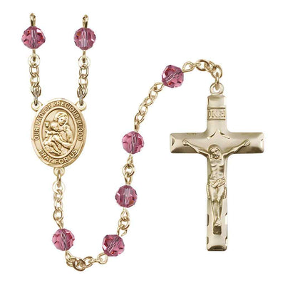 Our Lady of the Precious Blood Engravable Rosary with 14kt Gold Traditional Crucifix and Centerpiece, Birthstone 6mm Austrian Crystal Pink Rose Beads for October
