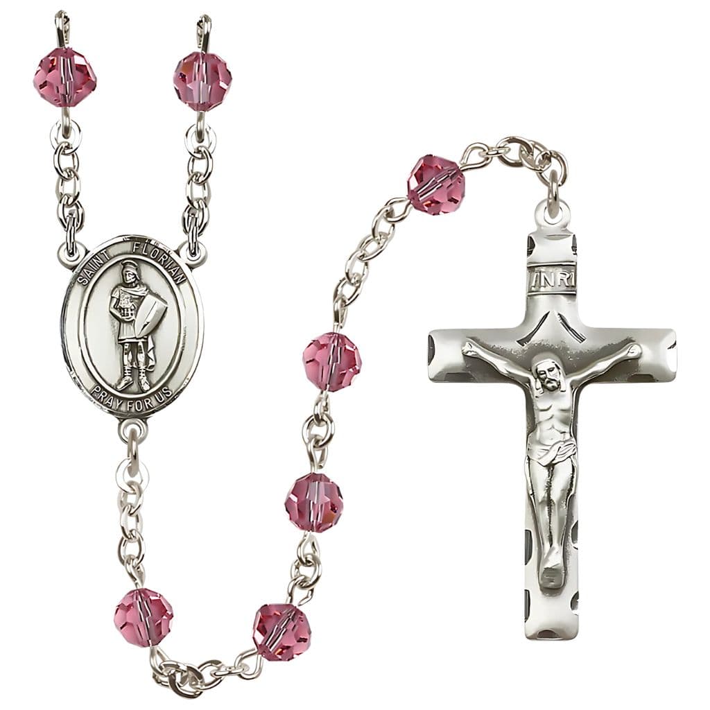 Bliss St. Florian Sterling Silver Rosary with Birthstone 6mm Round Austrian Crystal beads in Rose