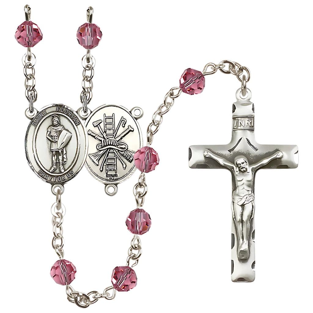 Bliss St Florian Firefighter Sterling Silver 6mm Austrian Rose Crystal Birthstone Rosary with Ladder and Hat on Back,