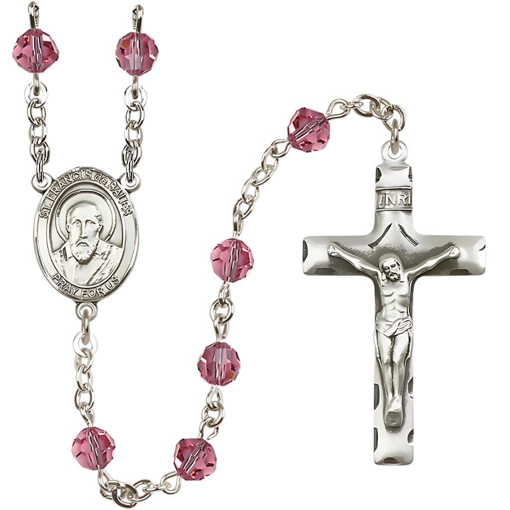 St. Francis de Sales Rosary with 6mm Rose Austrian Crystal Beads and Sterling Silver,