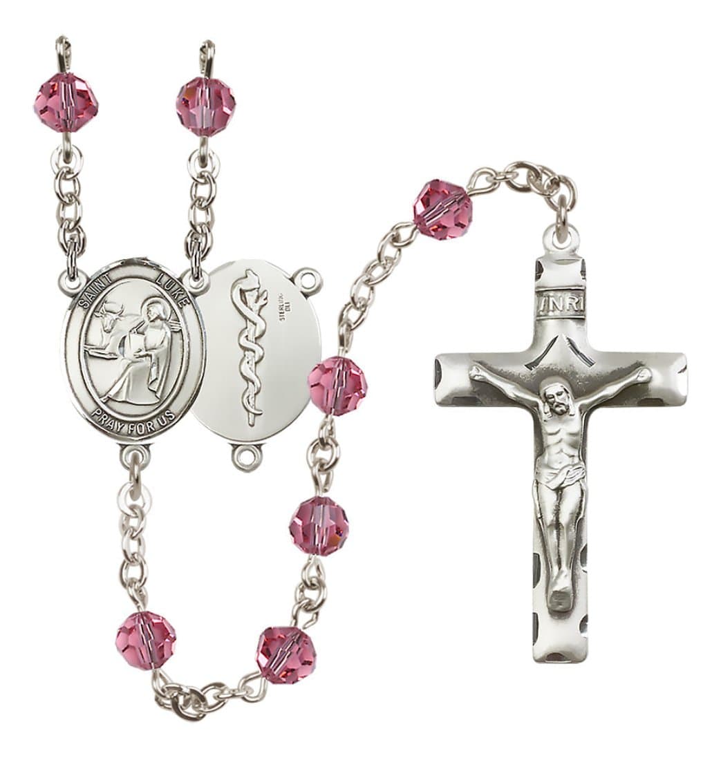 Bliss Sterling Silver 6mm Austrian Crystal Saint Luke the Apostle / Doctor Rosary in Rose,